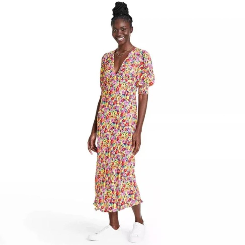 RIXO Floral Puff Sleeve V-Neck Midi Dress Women's 8